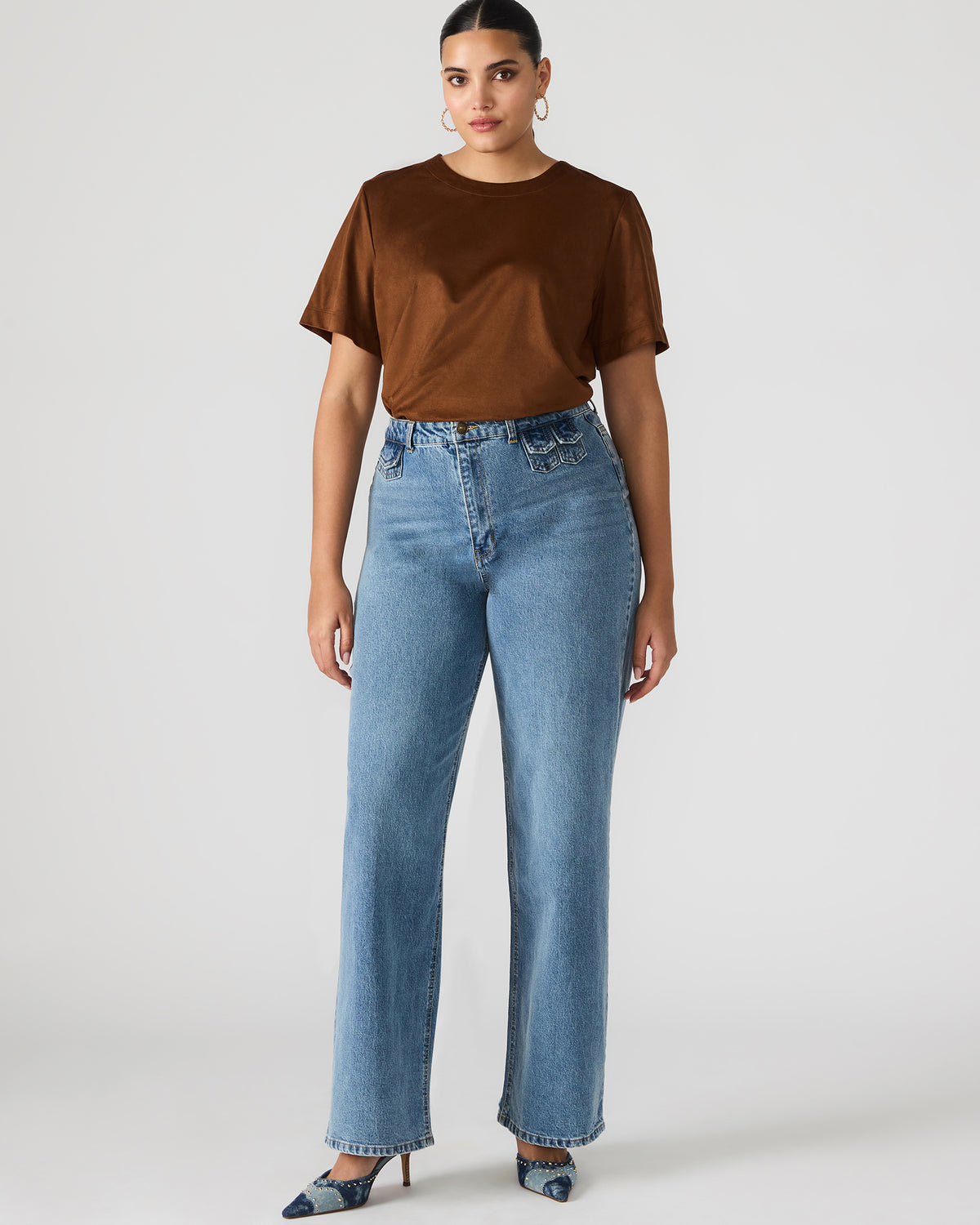 EZRA Chicory Coffee Short-Sleeved Faux-Suede Women's Top
