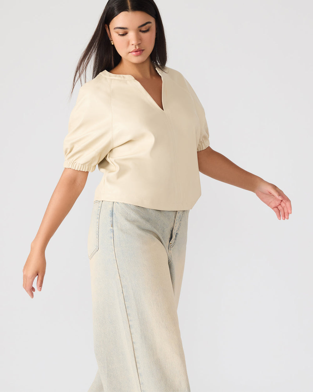 ROXANNE Bone Short-Sleeved Faux Leather Puff Sleeve Women's Top