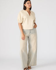 ROXANNE Bone Short-Sleeved Faux Leather Puff Sleeve Women's Top