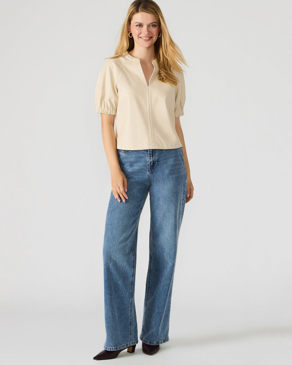 ROXANNE Bone Short-Sleeved Faux Leather Puff Sleeve Women's Top