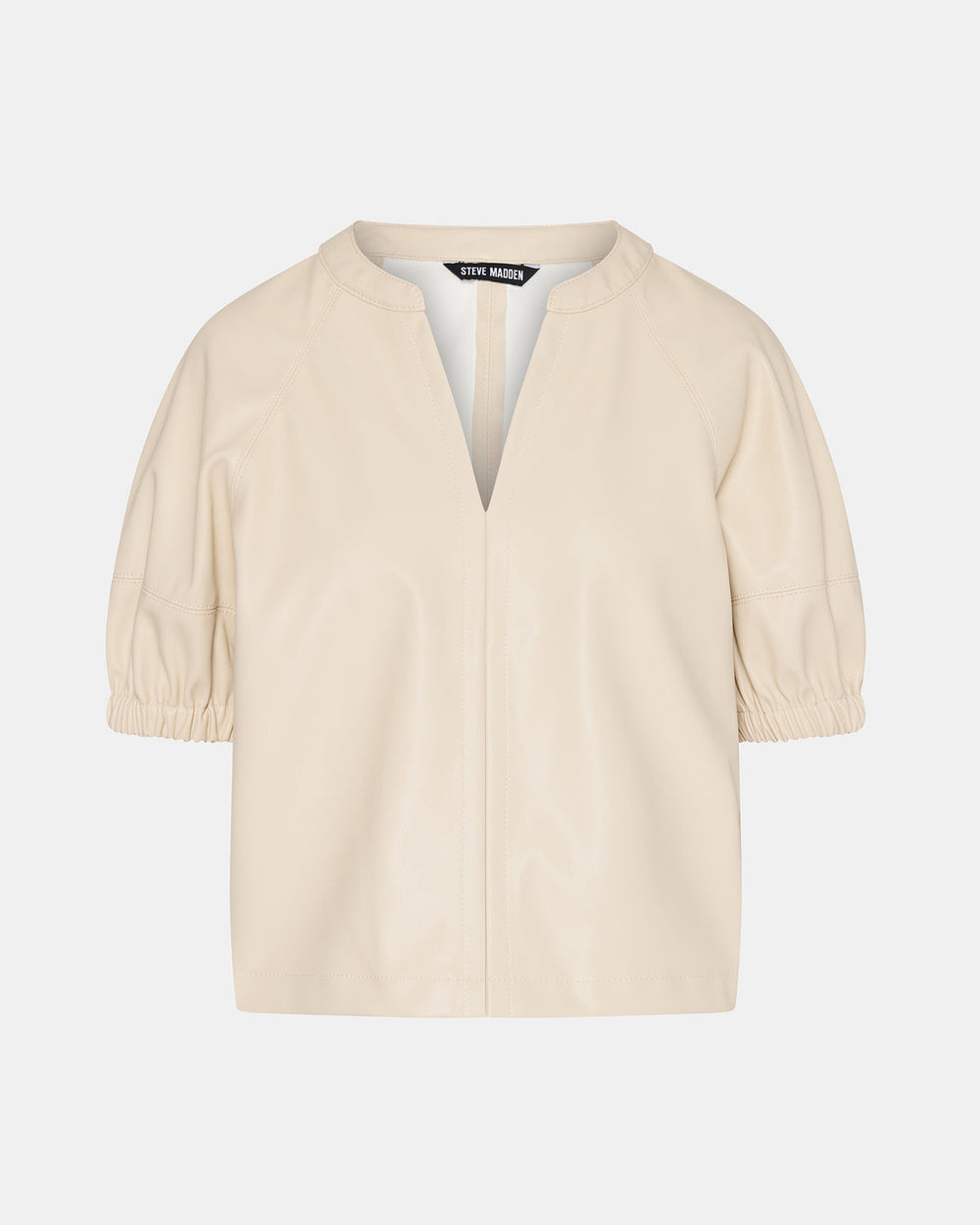 ROXANNE Bone Short-Sleeved Faux Leather Puff Sleeve Women's Top