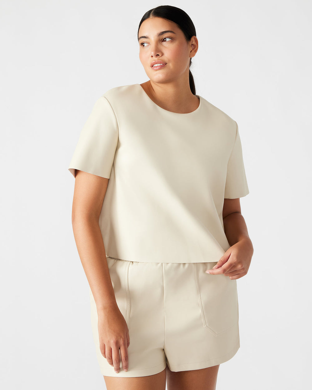 EZRA Bone Women's Short Sleeve Faux Leather Top