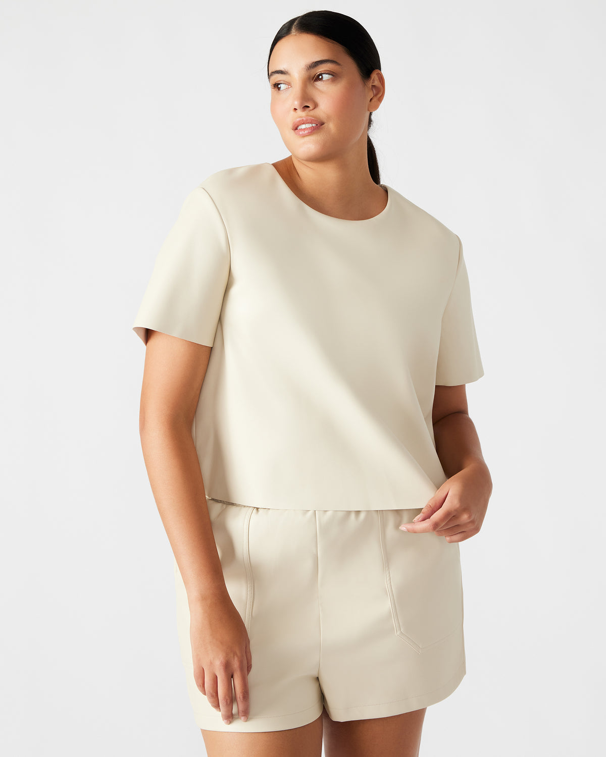 EZRA Bone Women's Short Sleeve Faux Leather Top