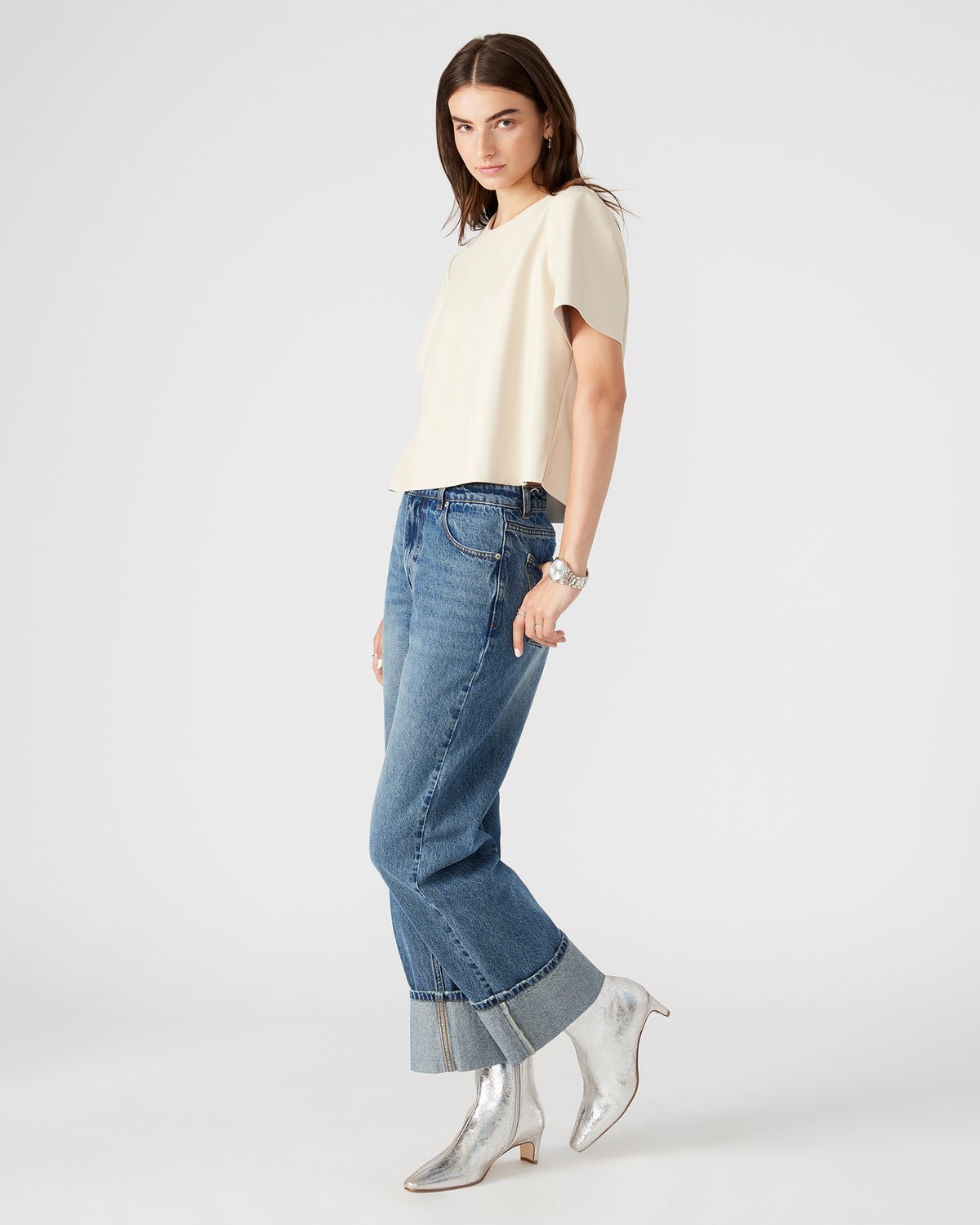 EZRA Bone Women's Short Sleeve Faux Leather Top
