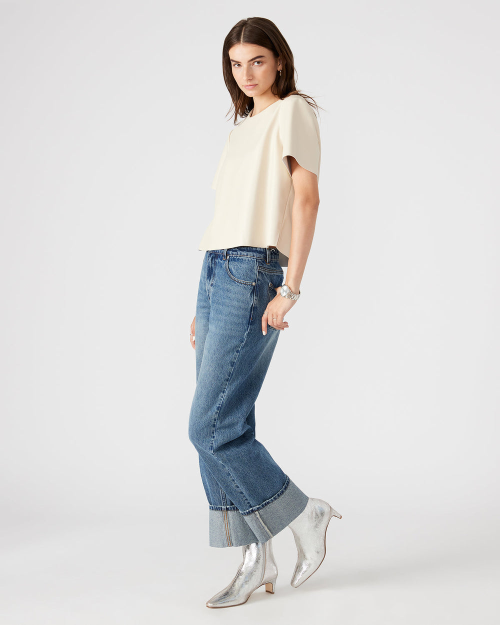 EZRA Bone Women's Short Sleeve Faux Leather Top
