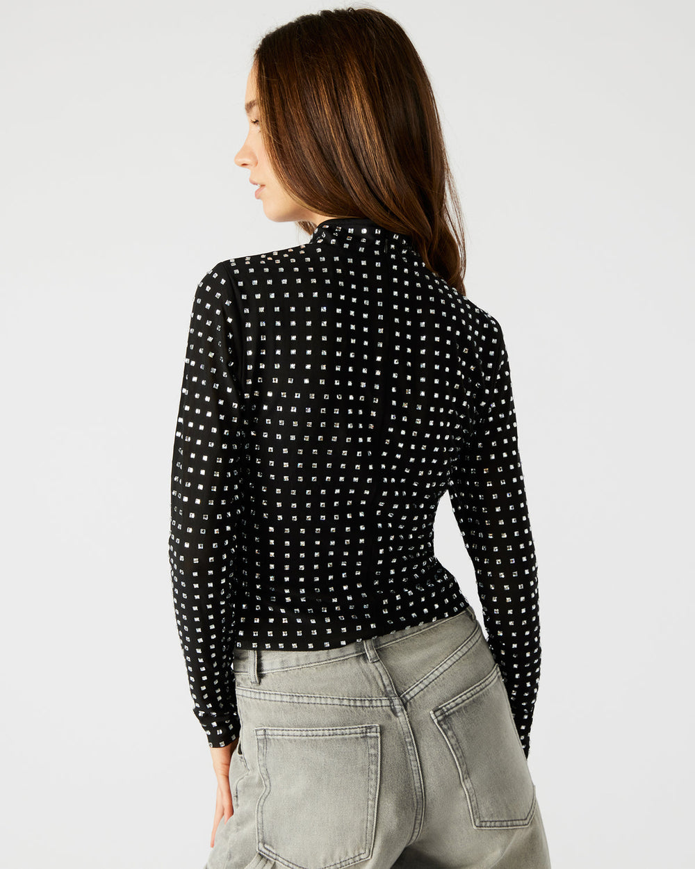 MELVINA Top Black | Women's Long-Sleeved Mesh Fabric Embellished Top