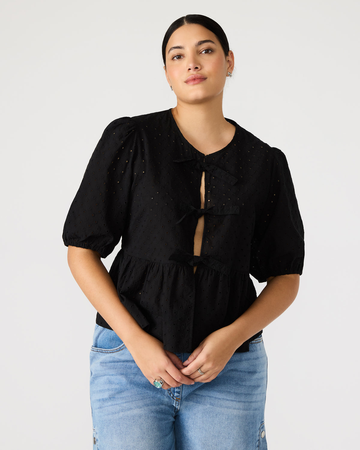 PAULA Top Black Short-Sleeved Tie-Front Eyelet Top