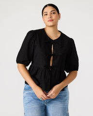 PAULA Top Black Short-Sleeved Tie-Front Eyelet Top