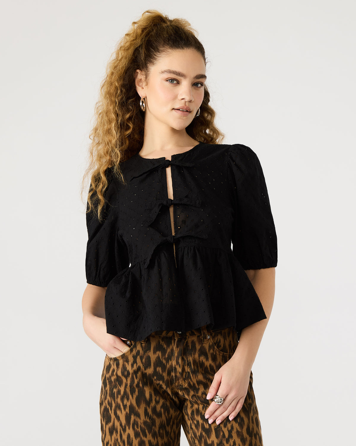 PAULA Top Black Short-Sleeved Tie-Front Eyelet Top