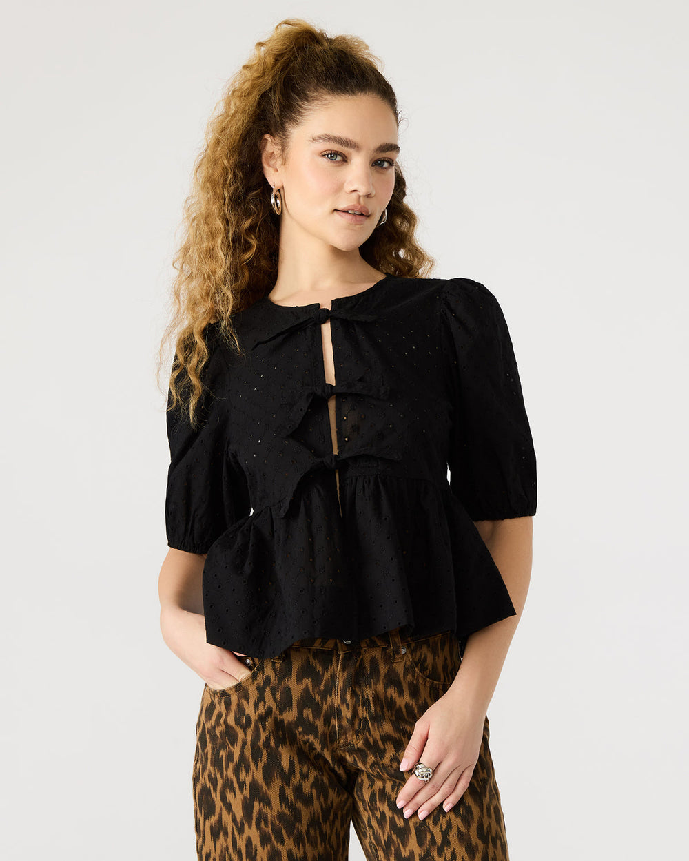 PAULA Top Black Short-Sleeved Tie-Front Eyelet Top