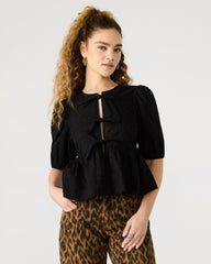 PAULA Top Black Short-Sleeved Tie-Front Eyelet Top