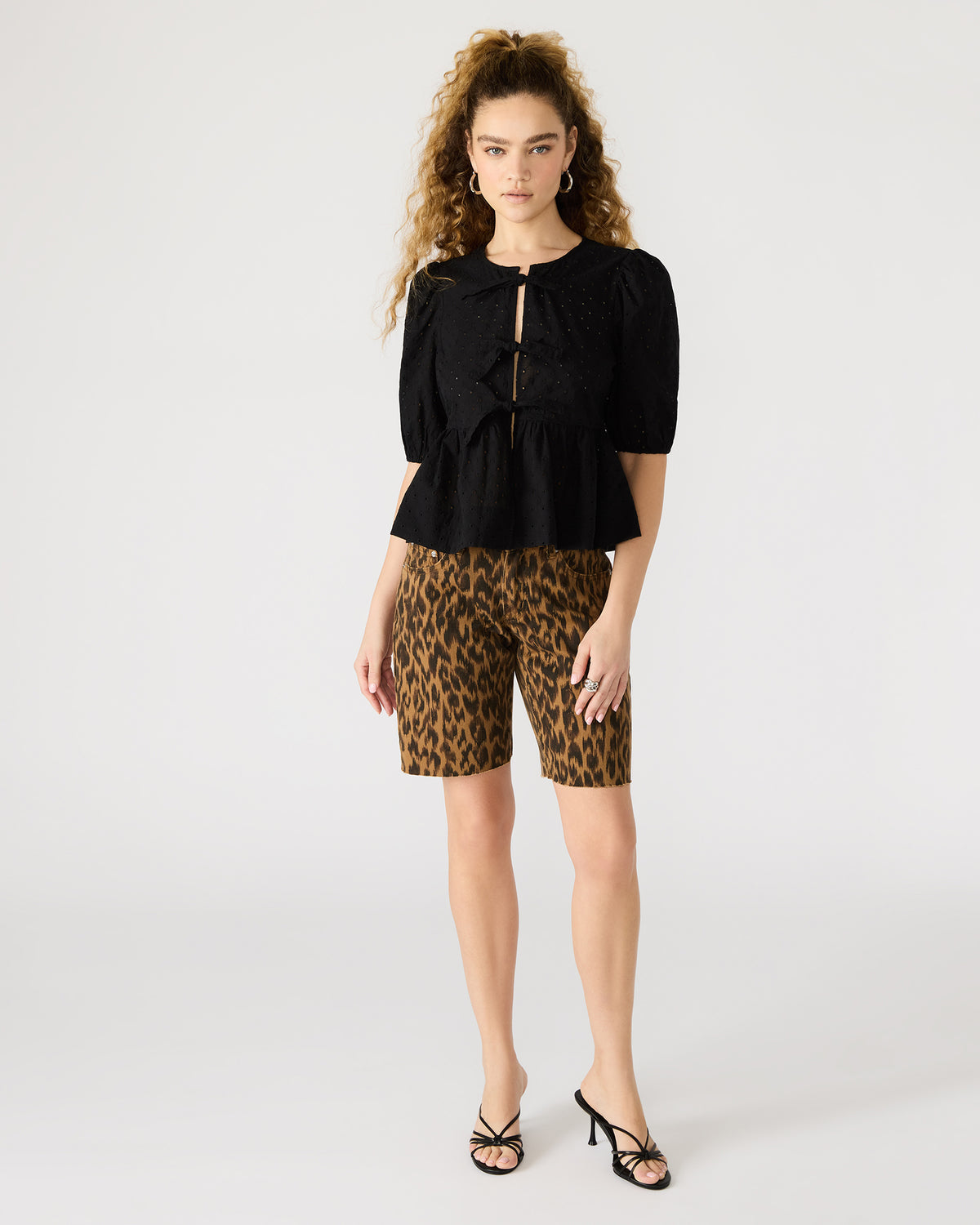 PAULA Top Black Short-Sleeved Tie-Front Eyelet Top