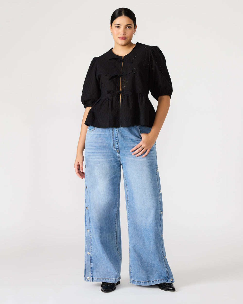 PAULA Top Black Short-Sleeved Tie-Front Eyelet Top