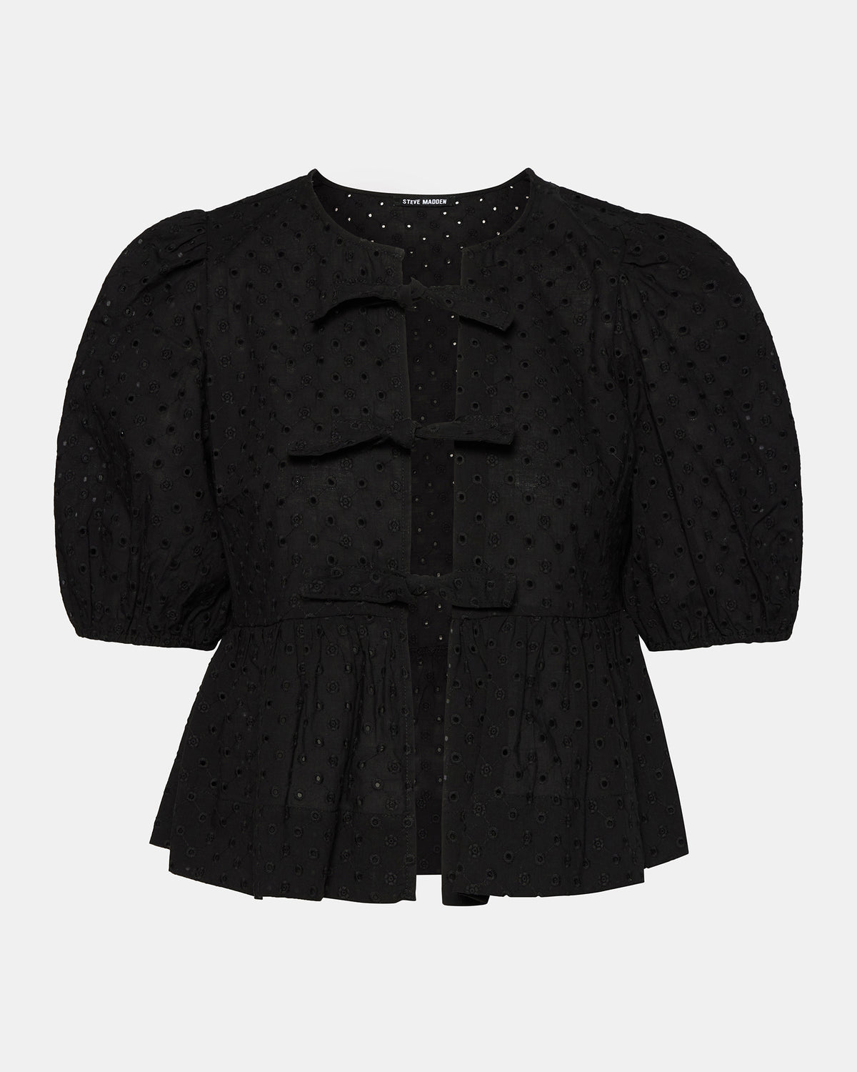 PAULA Top Black Short-Sleeved Tie-Front Eyelet Top