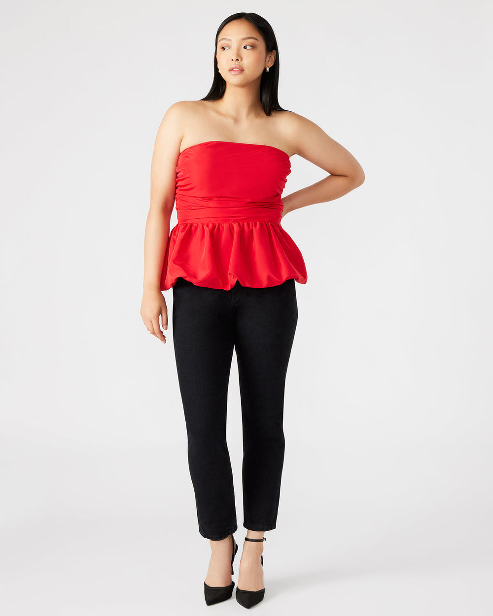 AMARI Top Red | Women's Bubble-Hem Taffeta Strapless Top