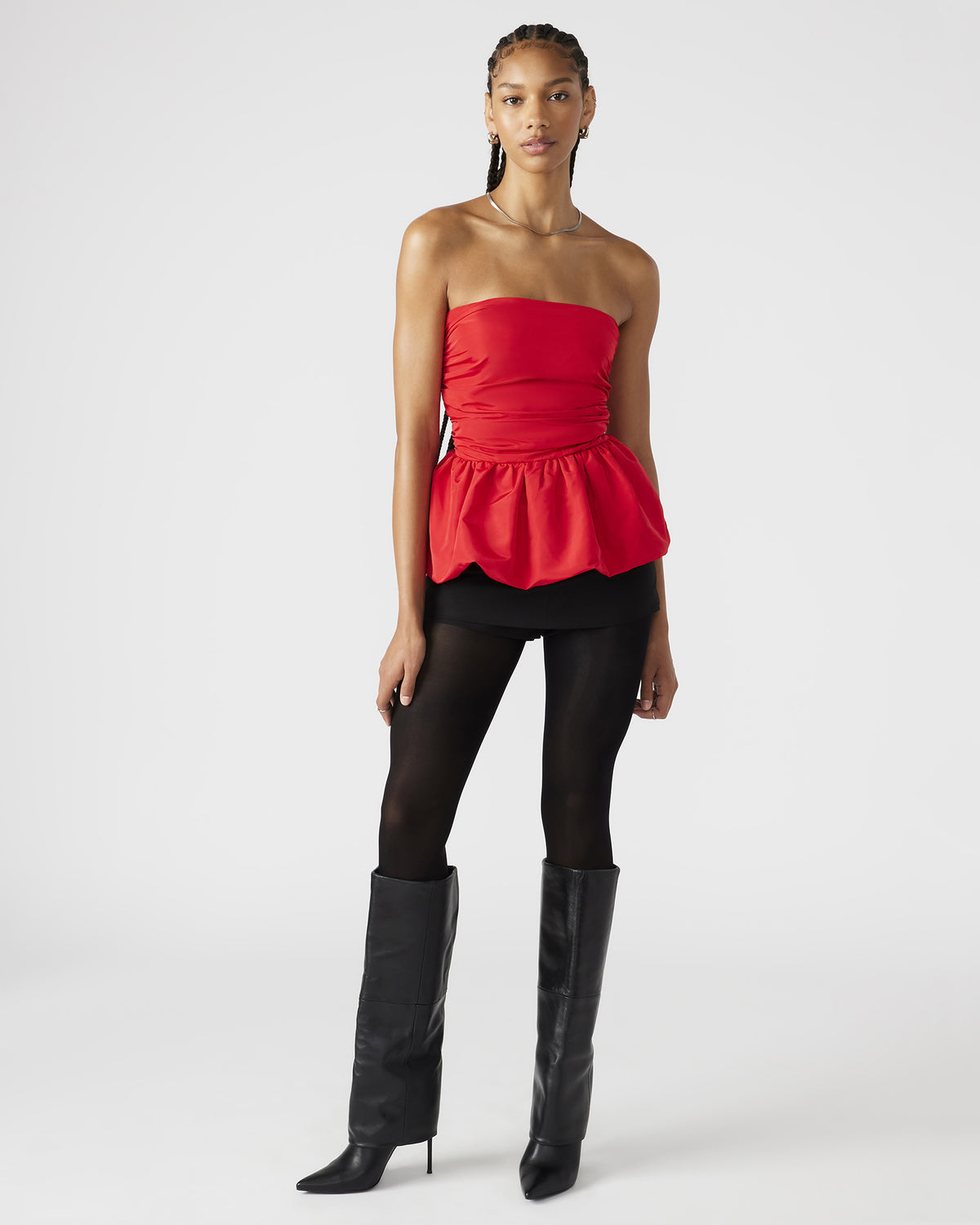AMARI Top Red | Women's Bubble-Hem Taffeta Strapless Top