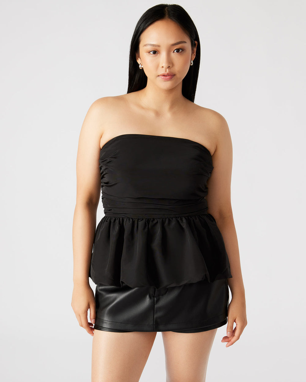 AMARI Top Black | Women's Bubble-Hem Taffeta Strapless Top