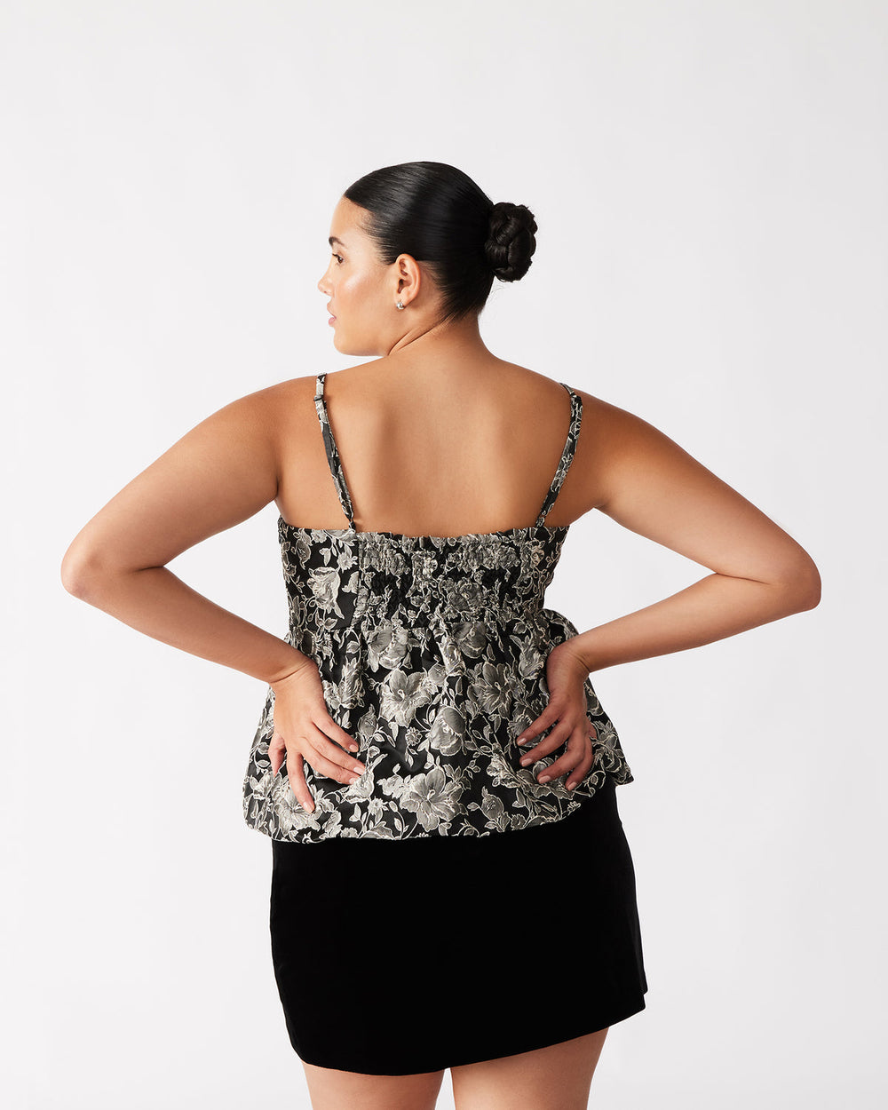 BODI Top Black Multi | Women's Bubble-Hem Taffeta Camisole Top