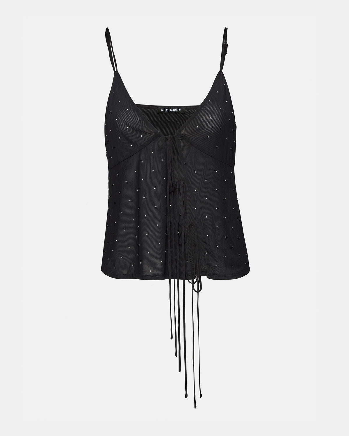 INDY Top Black | Women's Tie Fastening Rhinestone Camisole Tank Top