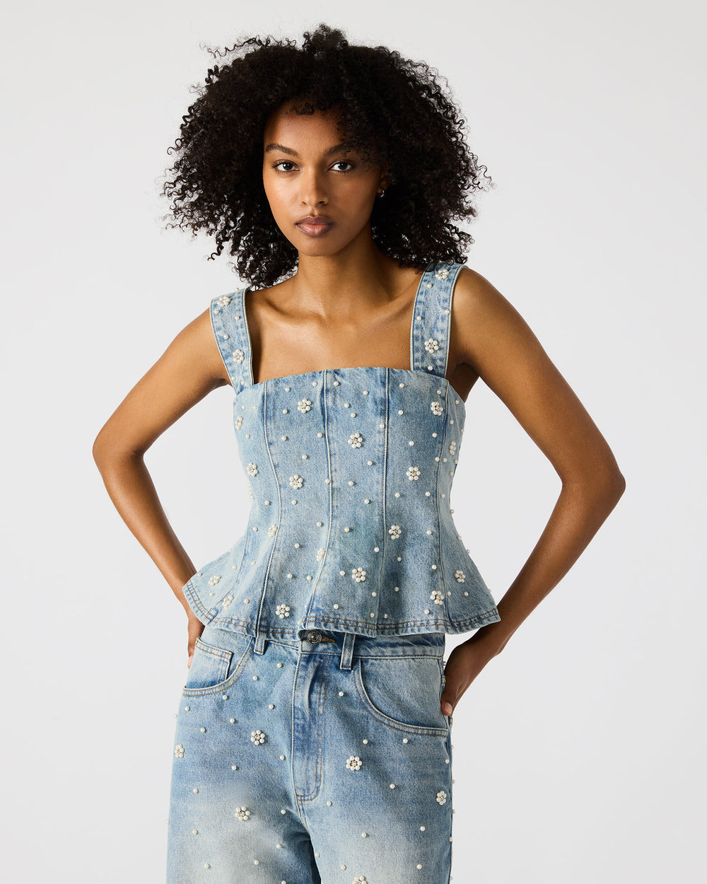 PENELOPI Denim Ruffle Fabric Pearl Embellished Women's Tank Top