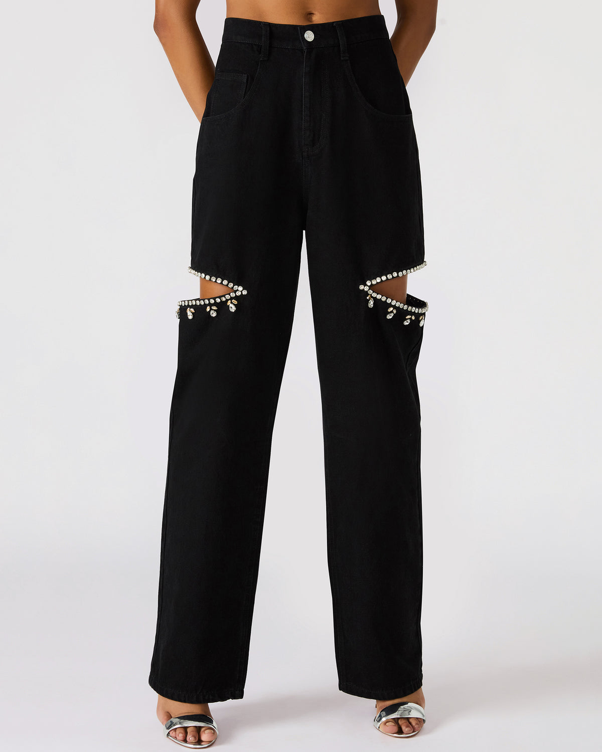 AYLA Black Straight-Leg Rhinestone Embellished Slit Women's Jean
