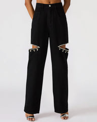 AYLA Black Straight-Leg Rhinestone Embellished Slit Women's Jean
