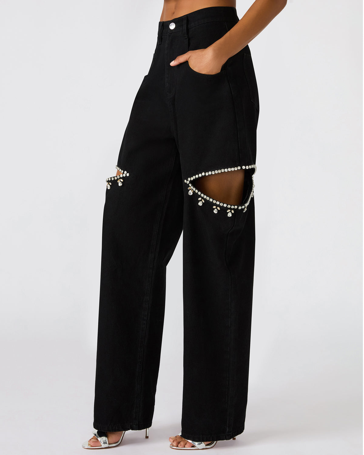 AYLA Black Straight-Leg Rhinestone Embellished Slit Women's Jean