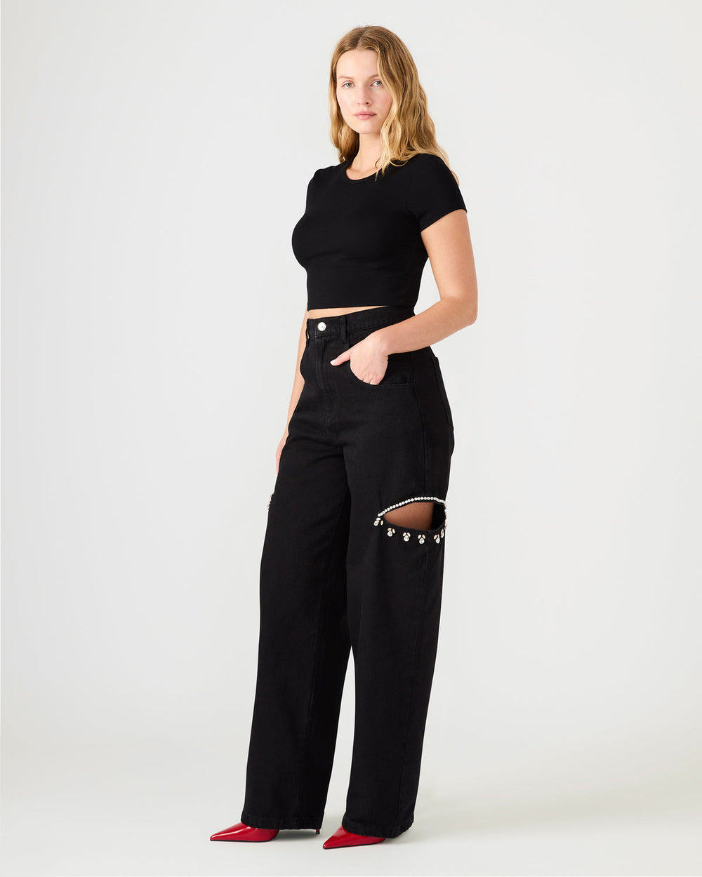 AYLA Black Straight-Leg Rhinestone Embellished Slit Women's Jean