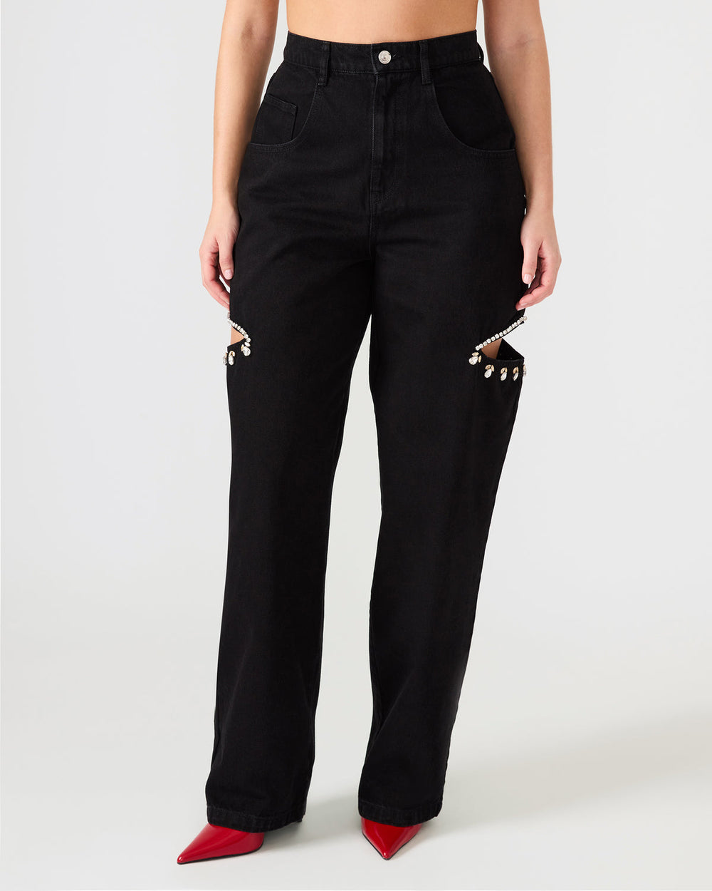 AYLA Black Straight-Leg Rhinestone Embellished Slit Women's Jean