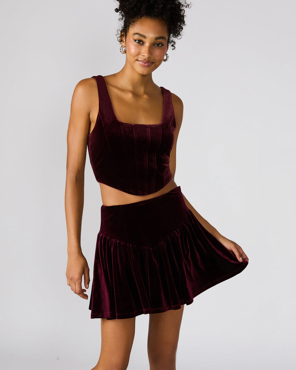 JAYLA Wine Flowy Velvet Women's Mini Skirt