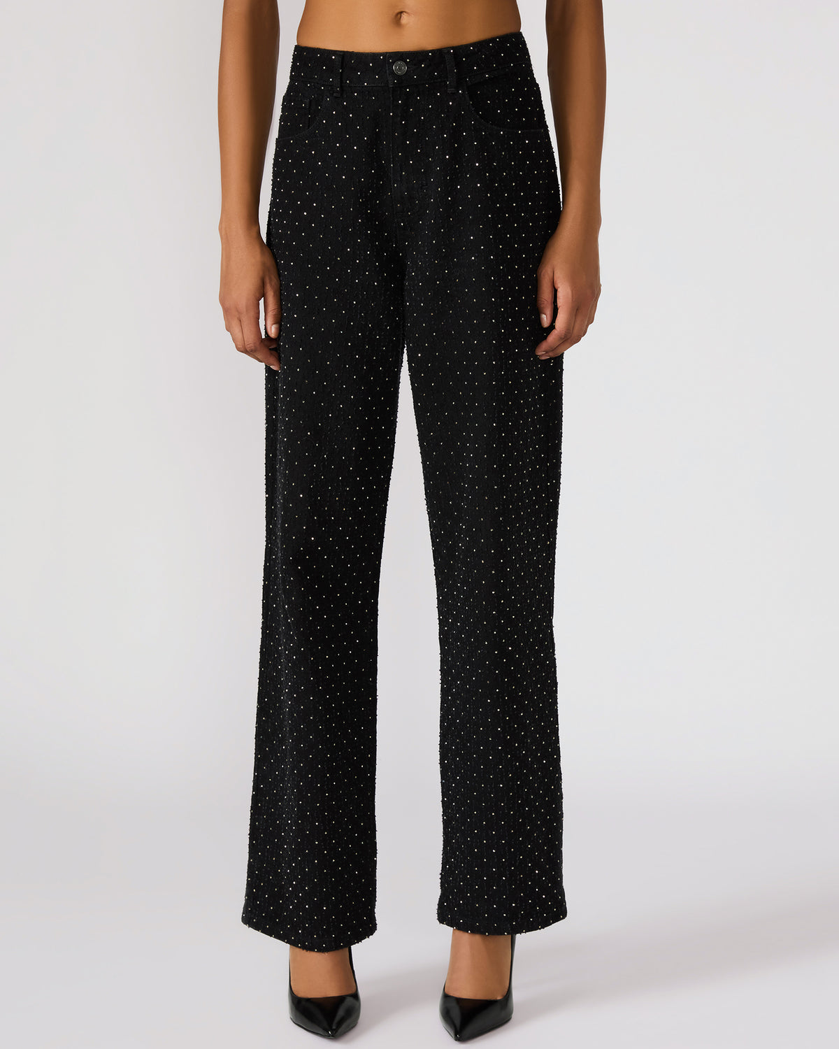 AVALINE Crystal Black Straight-Leg Rhinestone Embellished Denim Women's Jeans