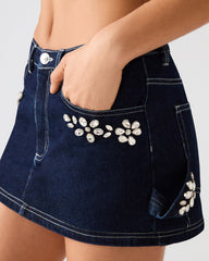 BRIELLIA Bijou Blue Denim Rhinestone Embellished Mini Women's Skirt