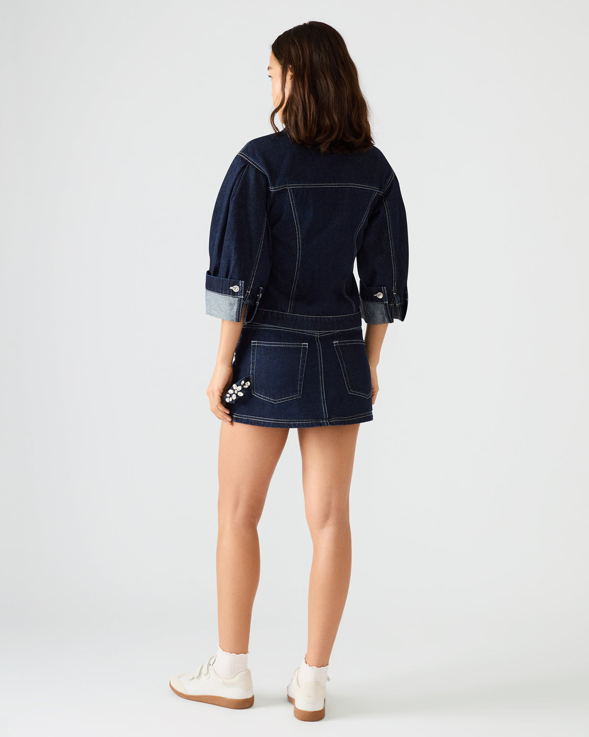 BRIELLIA Bijou Blue Denim Rhinestone Embellished Mini Women's Skirt