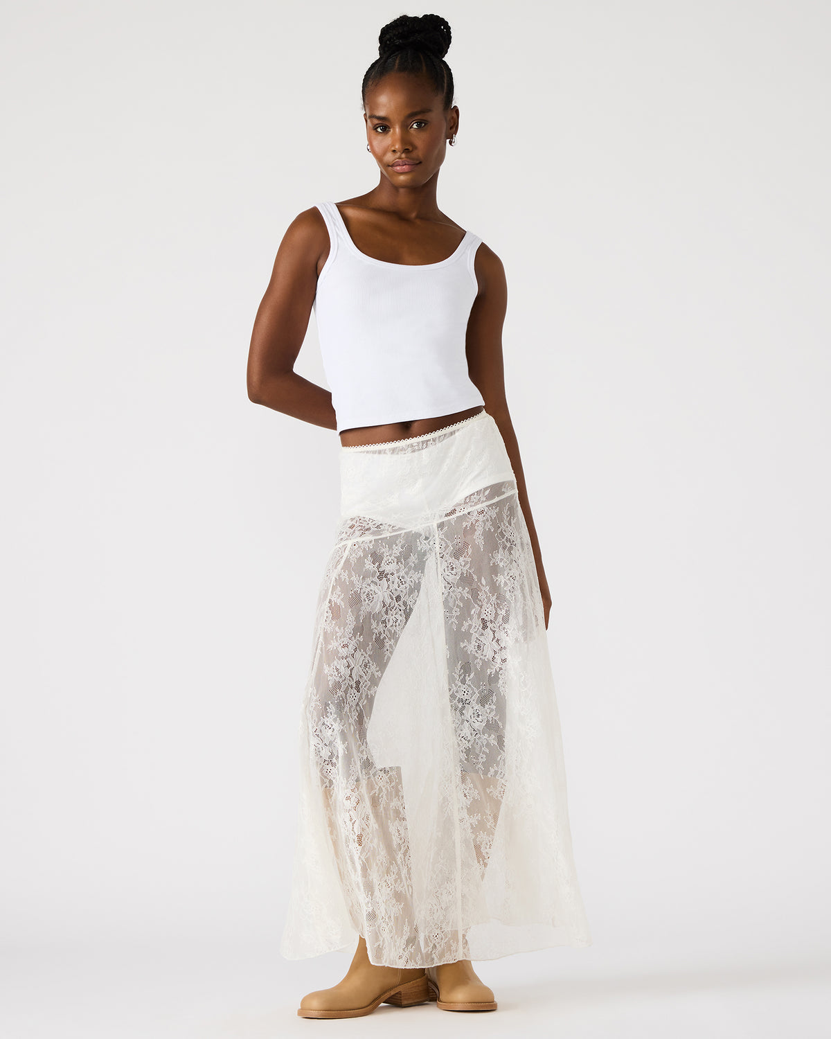 VEERA White Mesh Lace Flowy Maxi Skirt