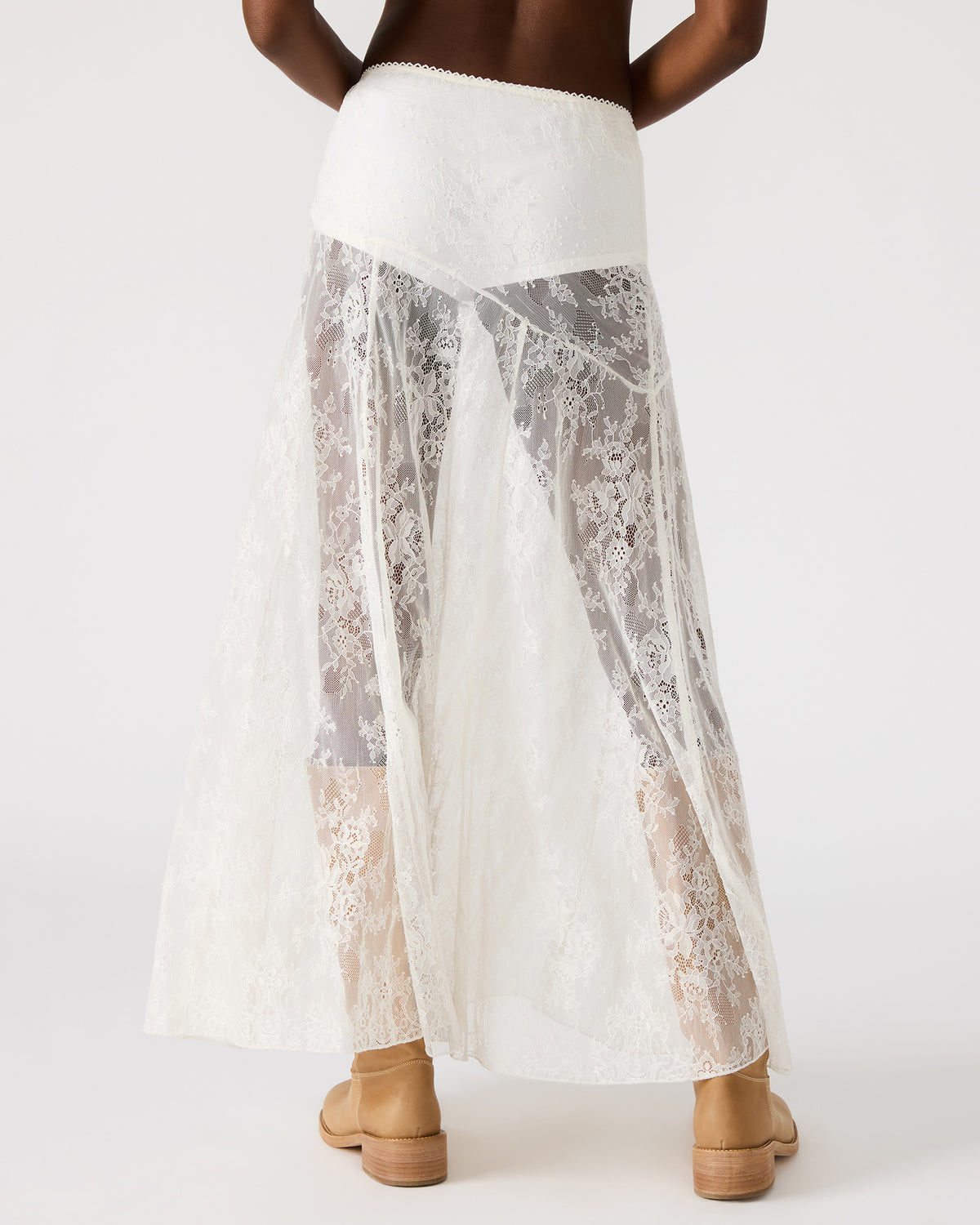 VEERA White Mesh Lace Flowy Maxi Skirt
