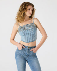 ERAS Denim Rhinestone Embellished Corset Cropped Matching Set Women's Top