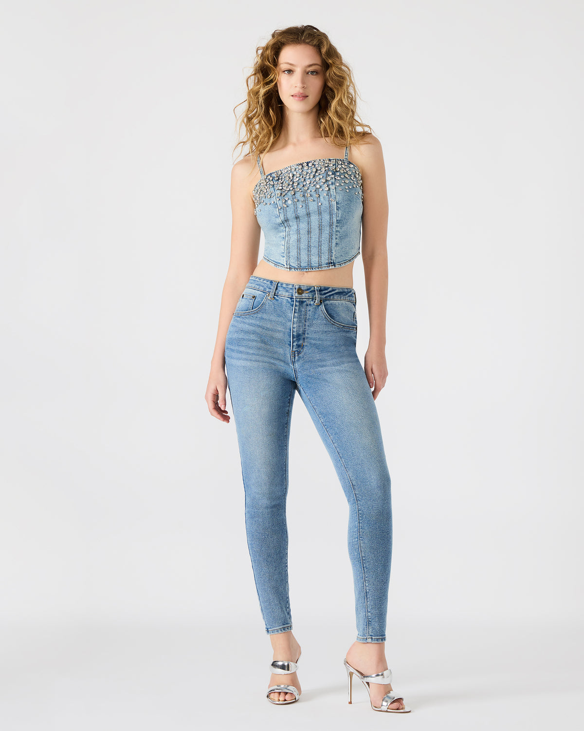 ERAS Denim Rhinestone Embellished Corset Cropped Matching Set Women's Top