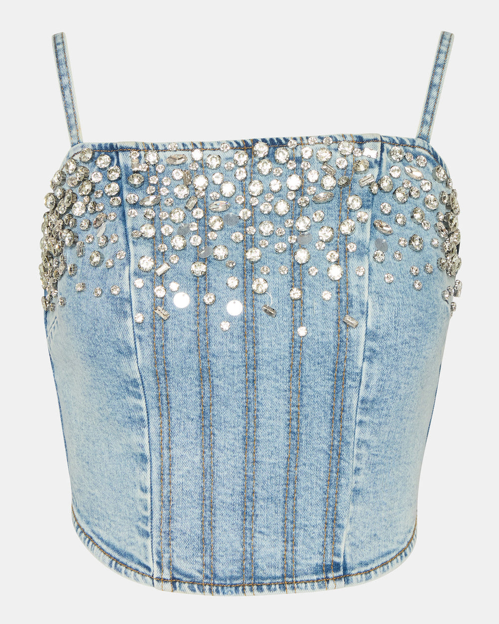ERAS Denim Rhinestone Embellished Corset Cropped Matching Set Women's Top